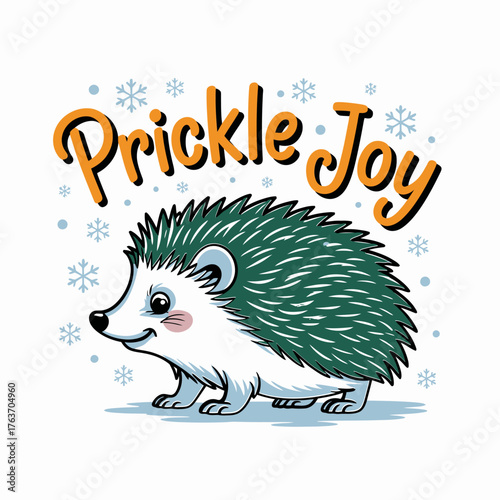 prickle joy hedgehog mascot, smiling forest creature, snowy confetti accents, adorable kids greeting, cheerful christmas vector