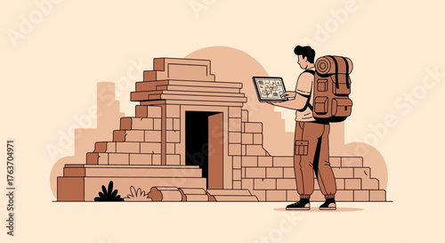 Adventurer Exploring Ancient Ruins With a Laptop: Architectural Exploration Concept