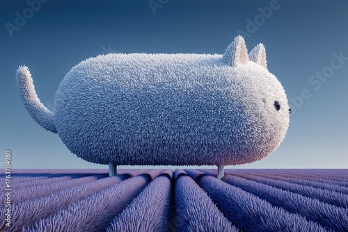 Fluffy creature exploring a lavender field under a clear sky during sunrise