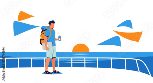 Adventurer Observing Ocean Sunrise While Enjoying Refreshing Beverage With Laptop