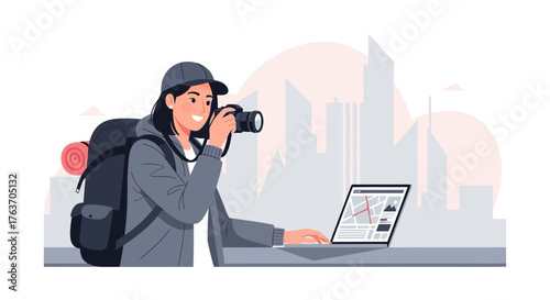 Adventurous Photographer Exploring City And Planning Next Trip With Modern Equipment