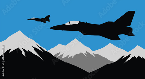 Fighter jets flying over mountains vector graphic illustration