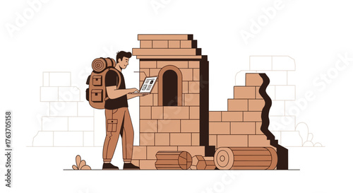 Adventurous Traveler Inspecting Ancient Ruin's Structure, Utilizing Modern Computing Devices