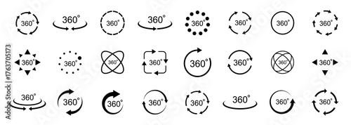 Arrows set. Rotate symbol. 360 degree views. Circle icons set.  Signs with arrows to indicate the rotation or panoramas to 360 degrees. Vector illustration.