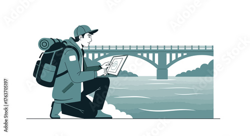 Adventurous Traveler Sketching Landscape Sketch Near A Monumental Bridge, Nature And Exploration