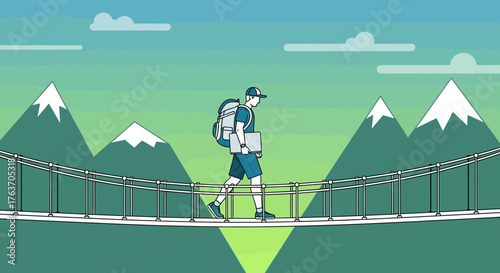 Animated Traveler Crossing the Suspension Bridge Into the Mountains Landscape