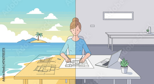 Architect Sketches Design Concept: A Beachfront Paradise vs. Office Workspace Contrast