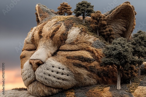 Large cat sculpture covered in trees in a serene landscape at sunset