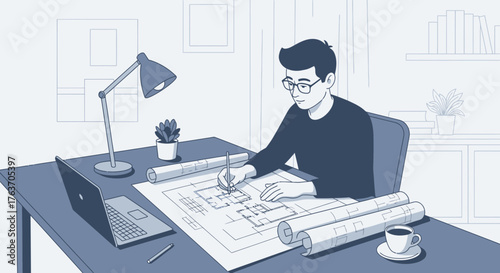 Architect Working On Blueprint With Coffee And Drawings In His Home Office