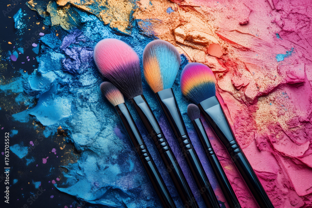 Fototapeta premium Colorful Makeup Brushes with Pigment Powders and Glitter