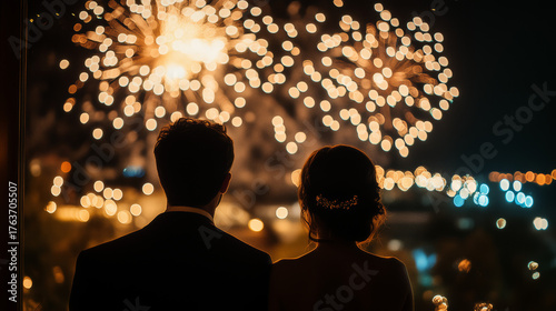 Couple Watches Colorful Fireworks Display From A Window At Night
