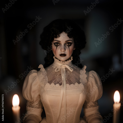 Gothic Victorian woman with haunting black tears and delicate lace collar in dark period costume
