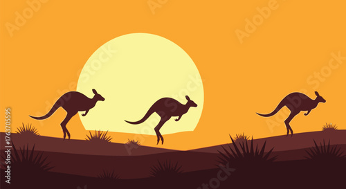 Australian outback kangaroo silhouette sunset vector illustration