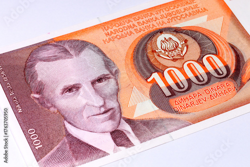 1000 Dinara Yugoslavia banknote 1990 with portrait of Nikola Tesla. Vintage money of Yugoslavia. Hyperinflation