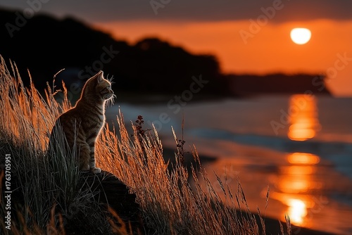 Cat gazes at sunset on a peaceful beach, enjoying the serene view by the water