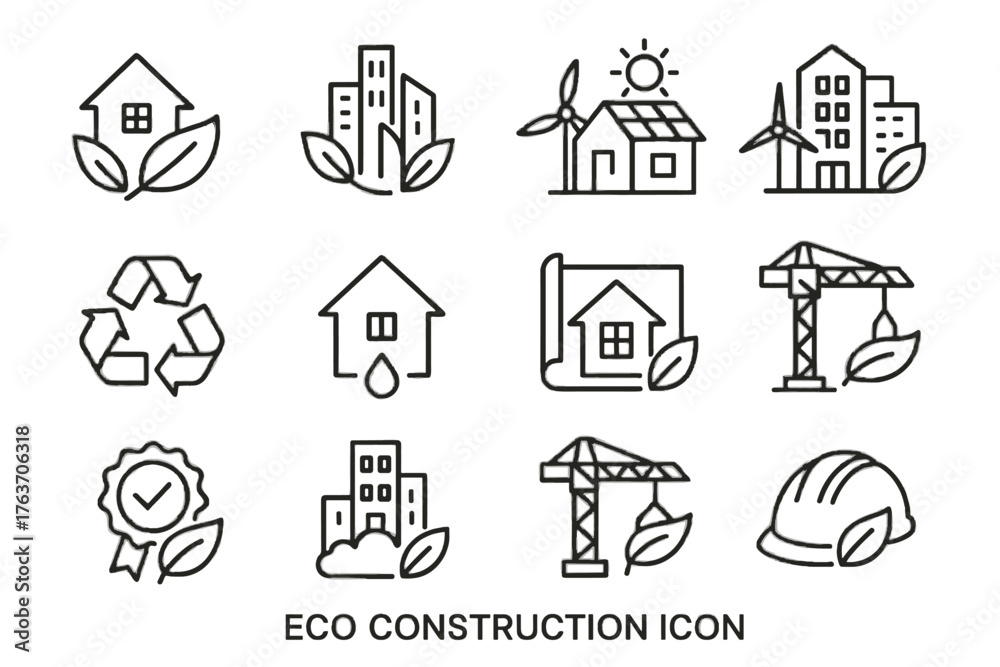 Fototapeta premium Blueprint icons material house icon vector certification eco city sustainable solar construction
