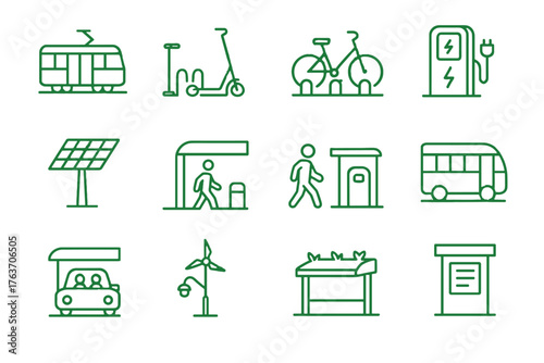 Vector pedestrian lamp icon hydrogen bicycle scooter tram solar mobility green carpool
