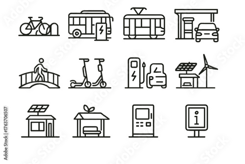 Solar multimodal vector shelter kiosk information bike charging icon bus eco electric