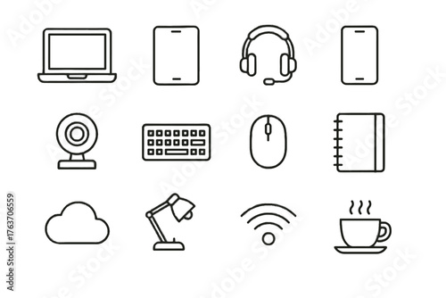 Icons notebook telecommuting desk symbol cloud vector tablet webcam lamp essentials icon