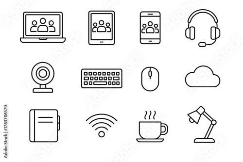 Cloud keyboard icon virtual coffee lamp desk work mouse smartphone symbol icons