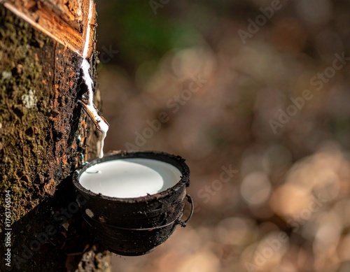 Rubber Harvest: Capturing the essence of sustainability, this image showcases a tree tapped for its precious latex, meticulously collected in a waiting cup.