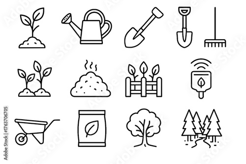 Shovel vector icons growth fertilizer pile fence reforestation compost forest set icon