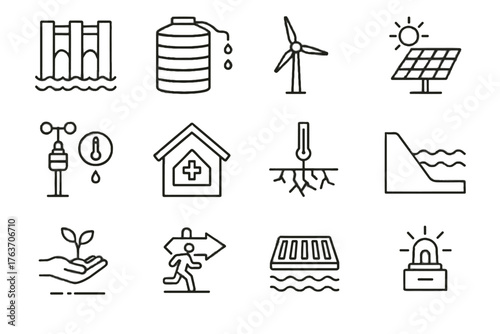 System weather warning drought shelter route adaptation icons drain wind climate icon