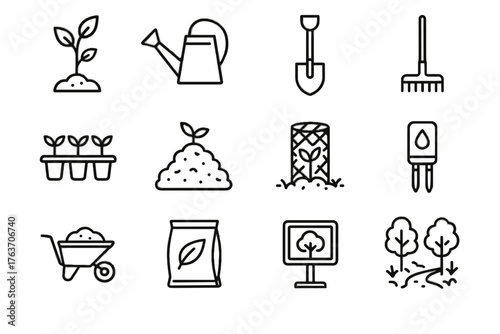 Moisture tray shovel rake ecological wheelbarrow sensor icons forest icon restoration vector