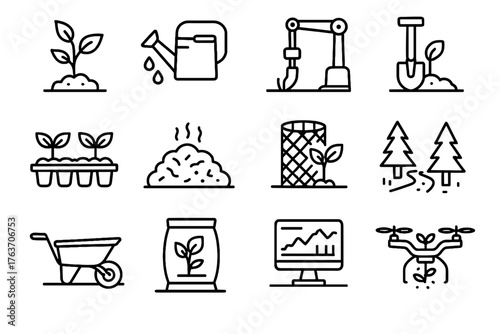 Bag icon forest planting vector monitor tray can reforestation set canopy path