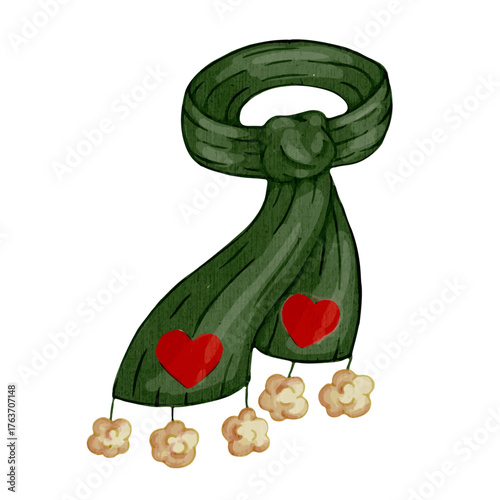 Knitted winter scarf with fur pom-poms. Vector graphics.