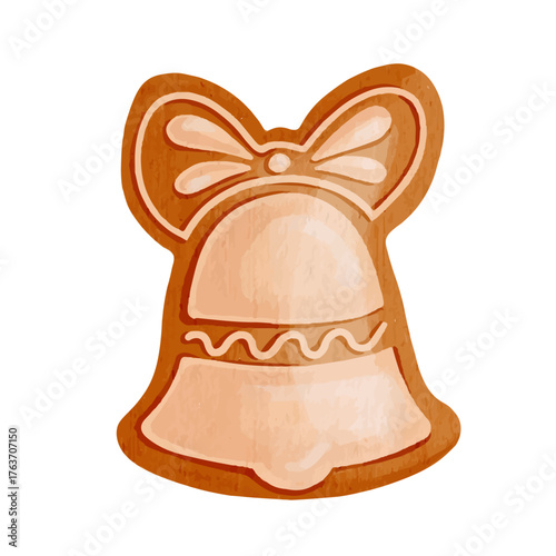 Gingerbread in the shape of a Christmas bell, festive seasonal baking. Vector graphics.