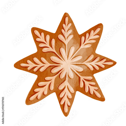 Gingerbread in the shape of a Christmas star, snowflake, festive seasonal baking. Vector graphics.