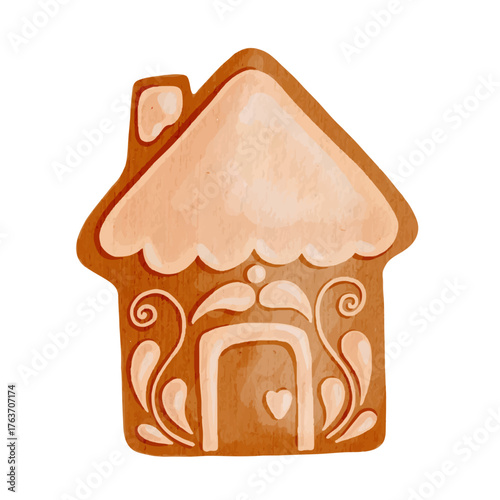 Gingerbread in the shape of a snow-covered house, festive seasonal baking. Vector graphics.