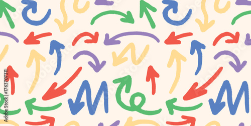 Colorful Seamless Pattern with Hand Drawn Arrows of Various Shapes and Directions. Abstract Doodle Arrow Background for Kids Design, Textile, Wrapping Paper or Poster