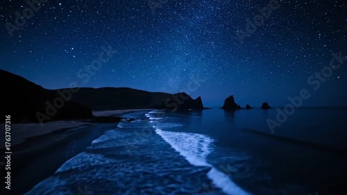 Aerial Night Coastline with Bioluminescent Waves and Celestial Reflections