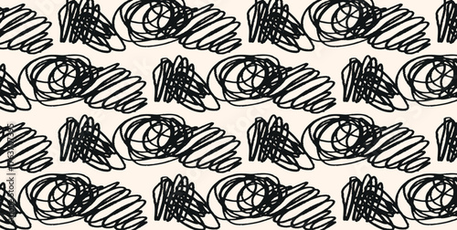 Seamless abstract pattern with chaotic hand-drawn black scribbles on a beige background. Rough sketchy texture for modern textile, stationery, wrapping paper or web design.