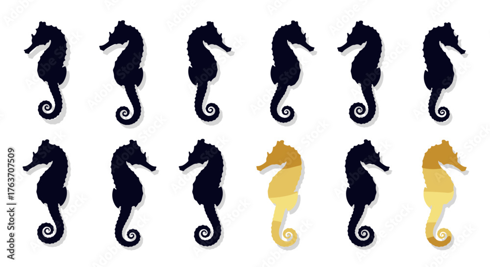 Naklejka premium Elegant Seahorse Silhouettes Floating on White Backdrop: Nautical Charm Illustrations for Marine Biology, Ocean Conservation, Coastal Designs, Children's Education, Underwater Themes, Tropical Decor,