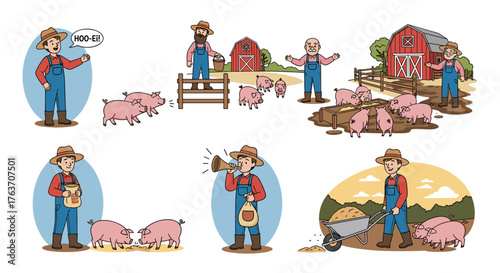 Cartoon Farmers Raising Pigs on Farm with Barns, Calling, Feeding, and Transporting Food, Illustrating Agriculture, Livestock Management, Animal Husbandry, Traditional Rural Lifestyle, for Education,