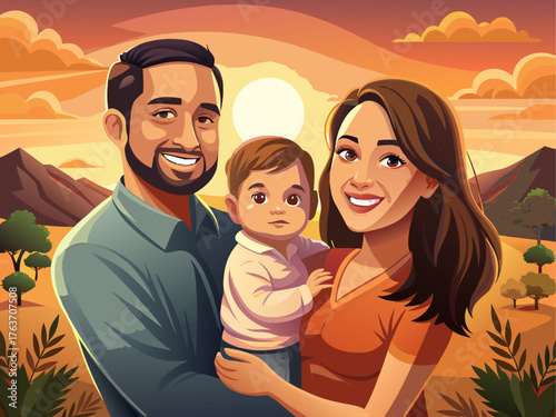 Realistic vector of parents holding baby outdoors at sunset, warm orange light, silhouettes and soft glow, emotional and detailed family illustration