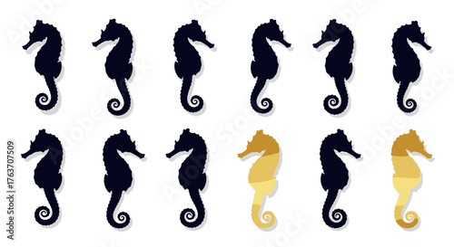 Elegant Seahorse Silhouettes Floating on White Backdrop: Nautical Charm Illustrations for Marine Biology, Ocean Conservation, Coastal Designs, Children's Education, Underwater Themes, Tropical Decor,