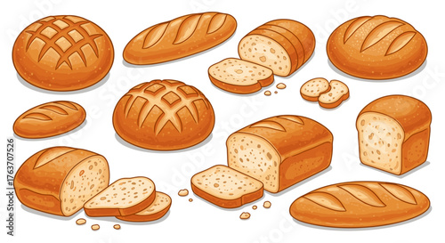 Artisanal Bread Assortment Illustration: Fresh Baked Loaves and Slices, Delicious Grains for Bakery, Cafes, & Recipe Visuals, Food Industry, Culinary Arts,  Pastry, Wheat Product, Carbohydrate, Home B