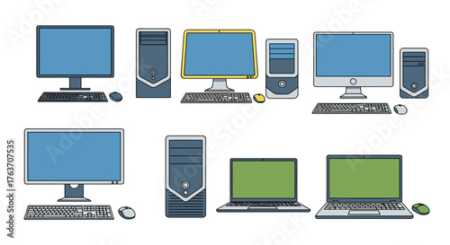 Modern Desktop and Laptop Computers Arranged on White Background for Digital Workplace Technology Presentation, Business Graphics, Information Technology Solutions, Data Processing, Networking Solutio