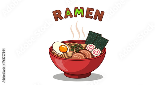 Steaming Ramen Bowl Illustration: Delicious Noodle Soup with Egg, Seaweed, and Fish Cake, a Flavorful Asian Cuisine, Perfect for Restaurant Menus, Food Blogs, Culinary Presentations, and Cultural Cele
