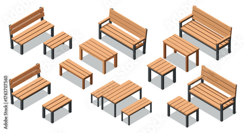 Isometric Outdoor Furniture Arrangement for Landscape Architecture & Urban Planning: Stylish Wooden Benches & Tables for Park, Garden, Patio Design Layout & Visualization in a Modern Urban Environment