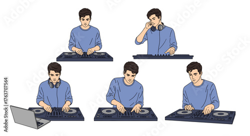 DJ Mixing Music Live Performance with Turntable Console and Laptop in Nightclub Environment, Electronic Music, Modern Youth Culture, Concert, Audio, Entertainment, Creative Expression, Musical Artist,