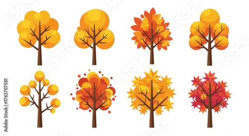 Autumnal Trees Variety Displayed on White Background, Representing Fall Season, Decorative Design for Ecological Awareness, Forestry and Environmental Protection, with Colorful Foliage and Simplistic