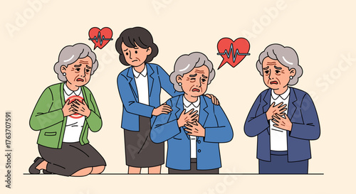 Elderly Women Experiencing Chest Pain and Heart Problems, Supported by Caregiver in Clinical Setting, Illustrating Cardiac Health Concerns, Medical Support, Healthcare, and Senior Well-being, Ideal fo