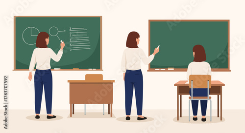 Dedicated Educators Teaching in Classroom with Chalkboard Illustrations Depicting Business Concepts, Financial Analysis, Data Visualization, and Diagrams, Inspiring Education and Professional Developm