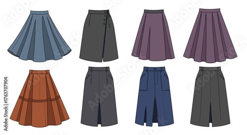Elegant Skirt Fashion Collection Showcase: Diverse Styles for Modern Wardrobes, From Pleated to A-Line, Featuring Casual and Formal Designs, Ideal for Apparel Design, Fashion Illustration, and Trend A