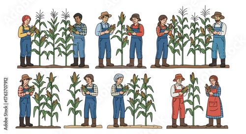 Harvesting Corn in a Rural Farm Setting: Farmers Inspecting Crops During Autumn Harvest Season. Agriculture Business, Local Farming, Organic Food, Sustainable Living, Cartoon Illustration Style, Diver